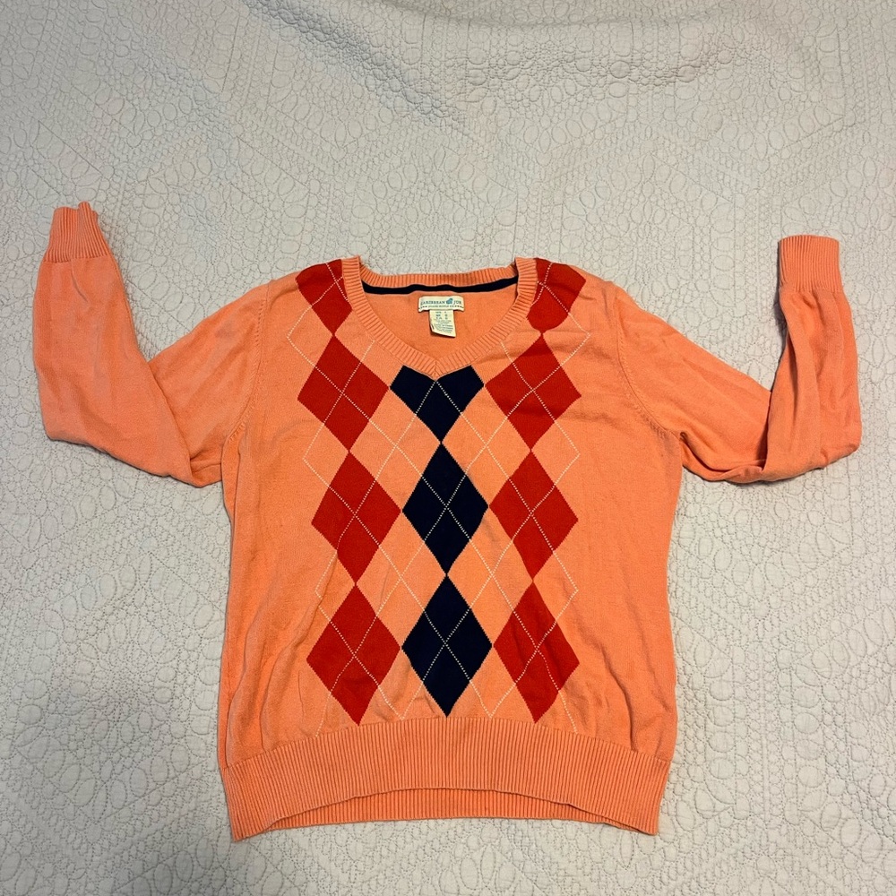 Caribbean Joe Coral V-Neck Argyle Sweater with Navy & Orange Diamonds